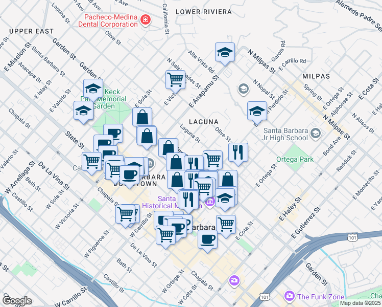map of restaurants, bars, coffee shops, grocery stores, and more near 305 East Carrillo Street in Santa Barbara