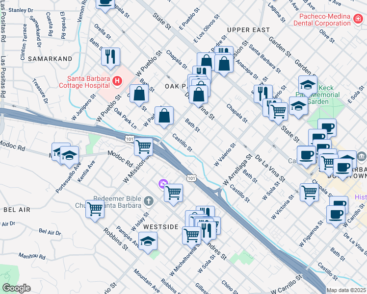 map of restaurants, bars, coffee shops, grocery stores, and more near 407 West Pedregosa Street in Santa Barbara
