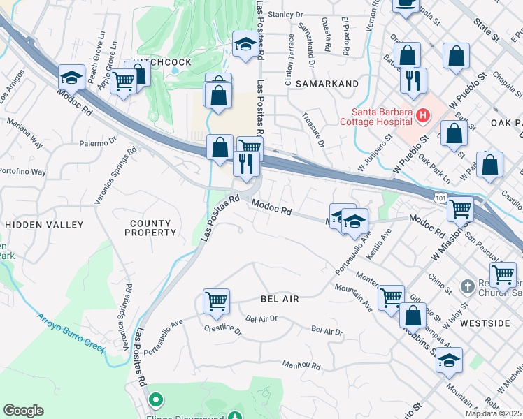 map of restaurants, bars, coffee shops, grocery stores, and more near 2517 Modoc Road in Santa Barbara