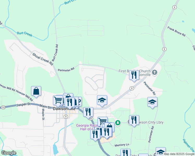 map of restaurants, bars, coffee shops, grocery stores, and more near 44 Hartley Avenue in Dawsonville