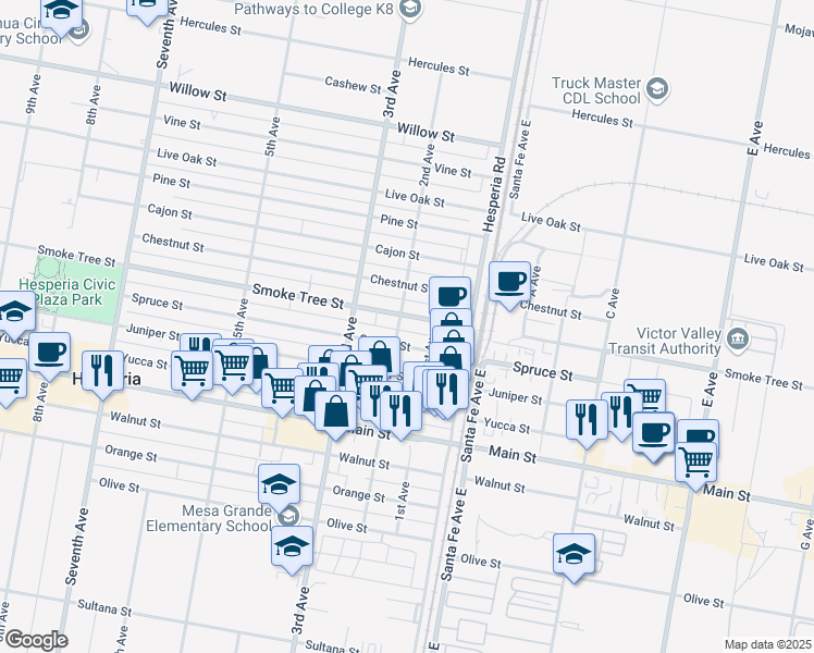 map of restaurants, bars, coffee shops, grocery stores, and more near 16463 Smoke Tree Street in Hesperia