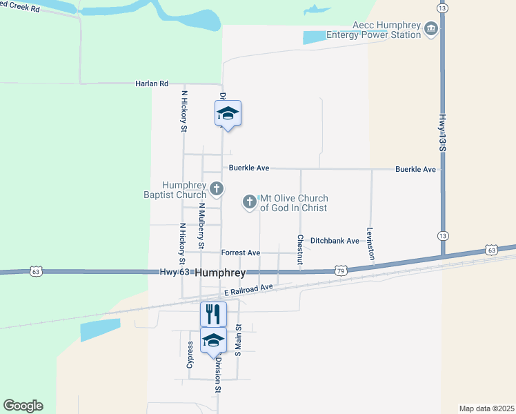 map of restaurants, bars, coffee shops, grocery stores, and more near 307 Oak in Humphrey