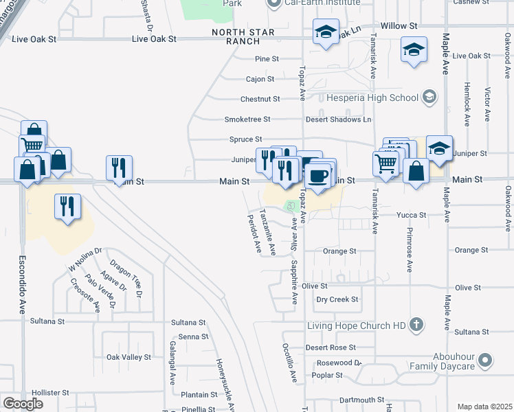 map of restaurants, bars, coffee shops, grocery stores, and more near 9618 Tanzanite Avenue in Hesperia