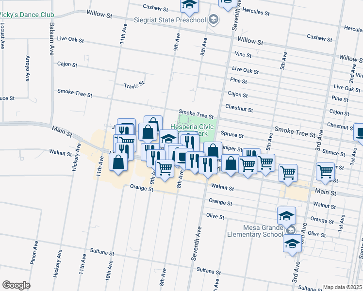 map of restaurants, bars, coffee shops, grocery stores, and more near 9626 8th Avenue in Hesperia