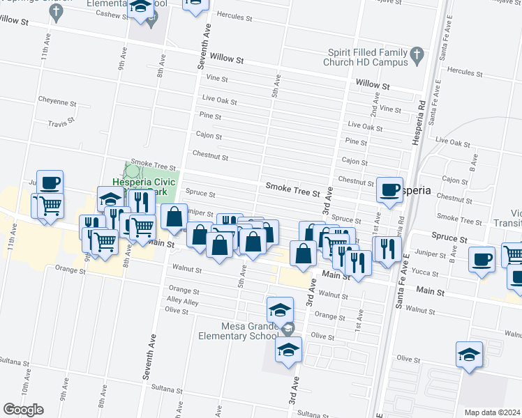 map of restaurants, bars, coffee shops, grocery stores, and more near 16175 Spruce Street in Hesperia