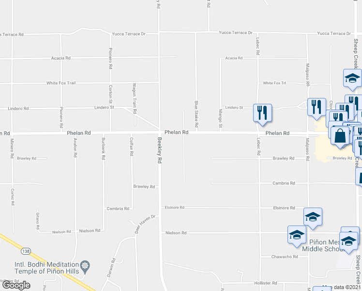 map of restaurants, bars, coffee shops, grocery stores, and more near 9656 Mescalero Road in Phelan