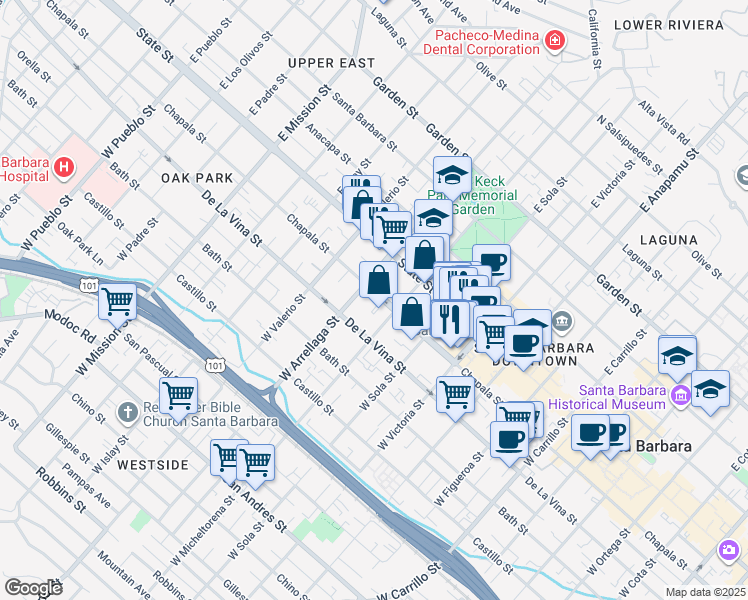 map of restaurants, bars, coffee shops, grocery stores, and more near 1523 Chapala Street in Santa Barbara