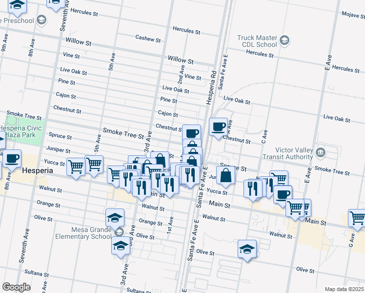 map of restaurants, bars, coffee shops, grocery stores, and more near 16503 Smoke Tree Street in Hesperia