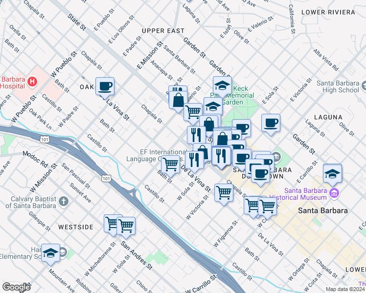 map of restaurants, bars, coffee shops, grocery stores, and more near 1527 Chapala Street in Santa Barbara