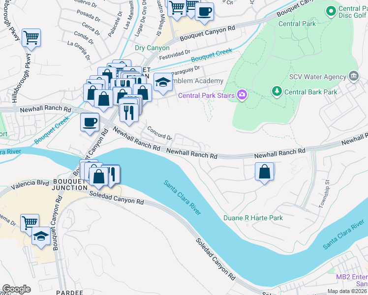 map of restaurants, bars, coffee shops, grocery stores, and more near 22740 Harmony Drive in Santa Clarita