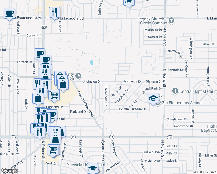 map of restaurants, bars, coffee shops, grocery stores, and more near 2549 Sharondale Drive in Clovis