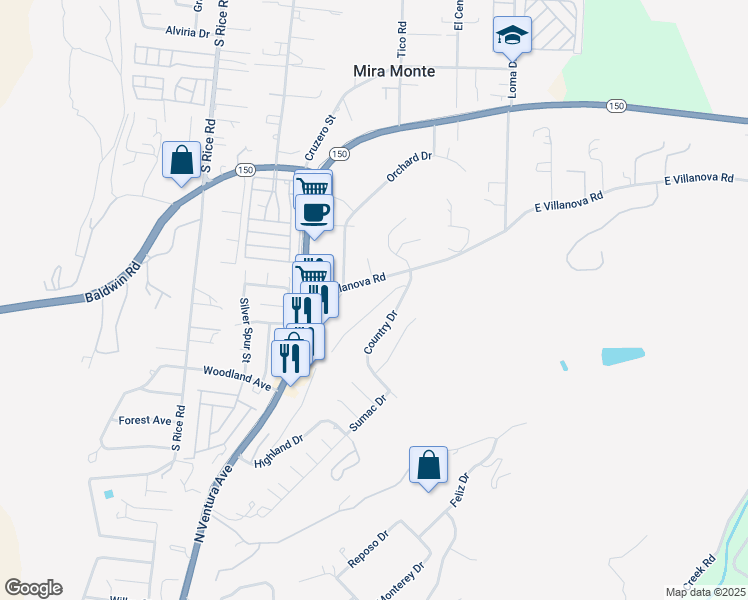 map of restaurants, bars, coffee shops, grocery stores, and more near 1853 Country Place in Ojai