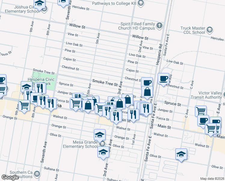 map of restaurants, bars, coffee shops, grocery stores, and more near 16312 Spruce Street in Hesperia