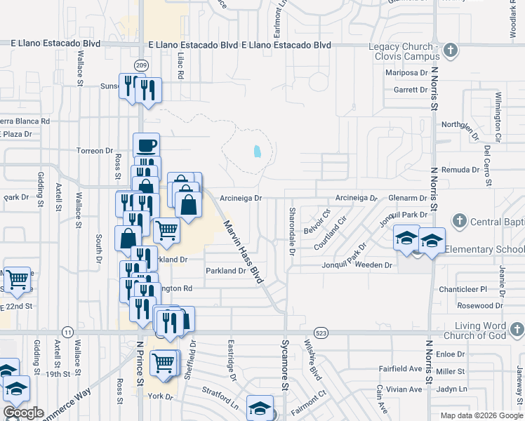 map of restaurants, bars, coffee shops, grocery stores, and more near 1312 Concord Road in Clovis