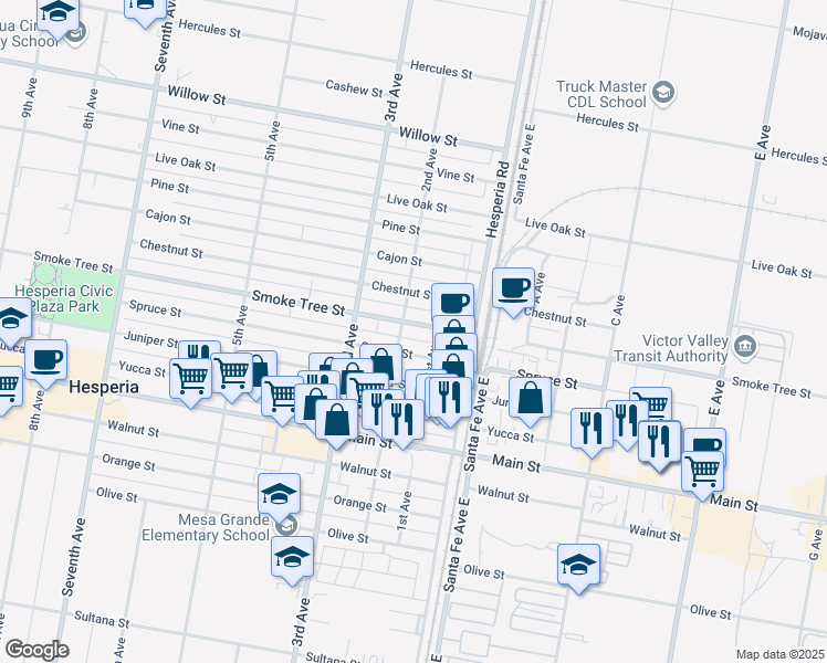 map of restaurants, bars, coffee shops, grocery stores, and more near 9550 1st Avenue in Hesperia