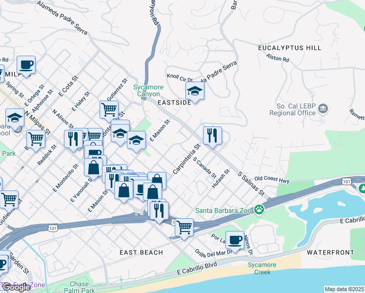 map of restaurants, bars, coffee shops, grocery stores, and more near 1230 Quinientos Street in Santa Barbara