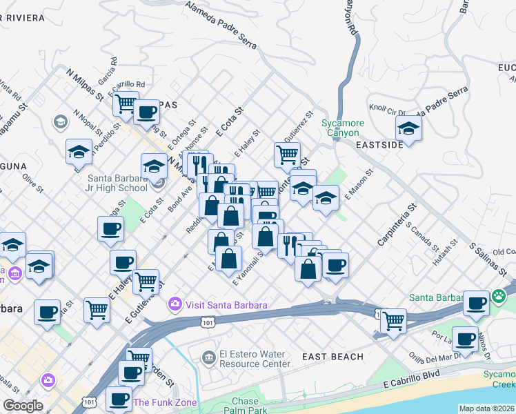 map of restaurants, bars, coffee shops, grocery stores, and more near in Santa Barbara