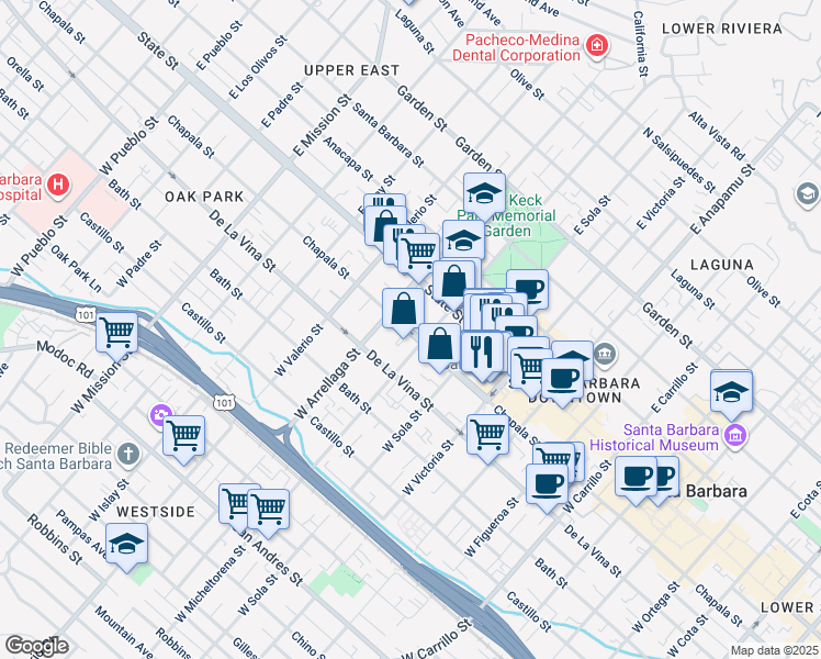 map of restaurants, bars, coffee shops, grocery stores, and more near 116 West Micheltorena Street in Santa Barbara