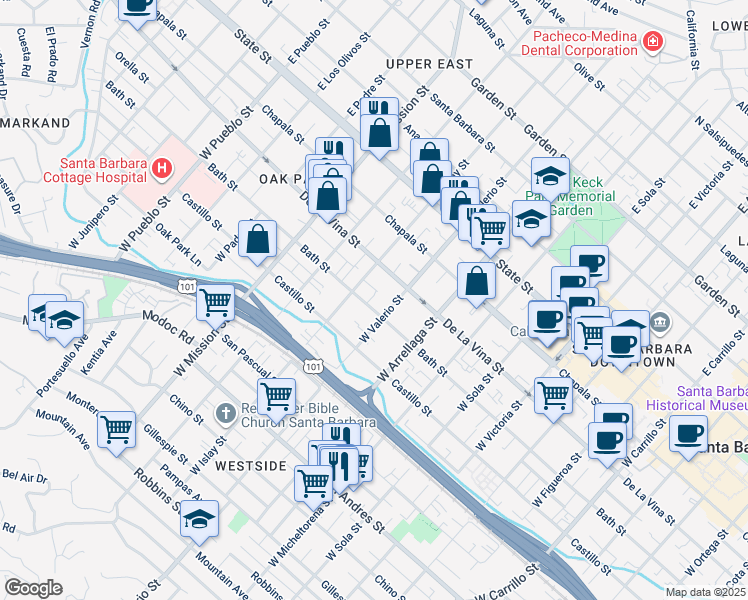 map of restaurants, bars, coffee shops, grocery stores, and more near 1715 Bath Street in Santa Barbara