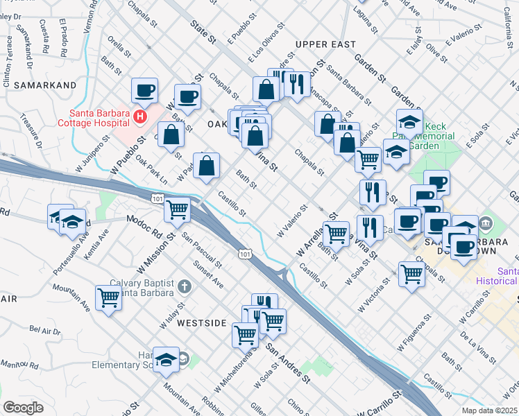 map of restaurants, bars, coffee shops, grocery stores, and more near 334 West Islay Street in Santa Barbara