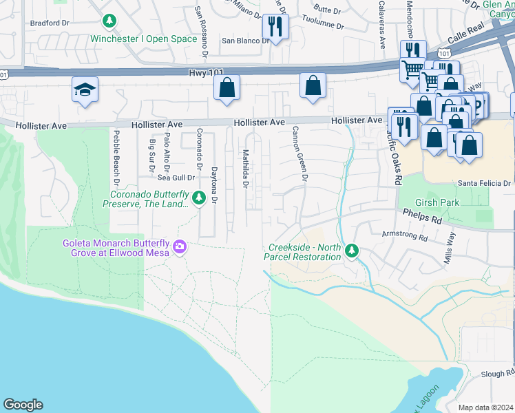 map of restaurants, bars, coffee shops, grocery stores, and more near 401 Ellwood Beach Drive in Goleta