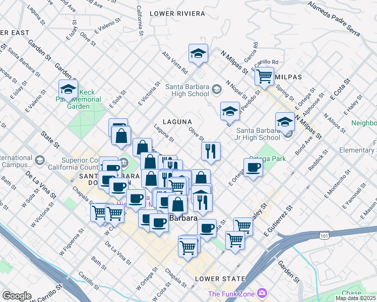 map of restaurants, bars, coffee shops, grocery stores, and more near 924 Laguna Street in Santa Barbara