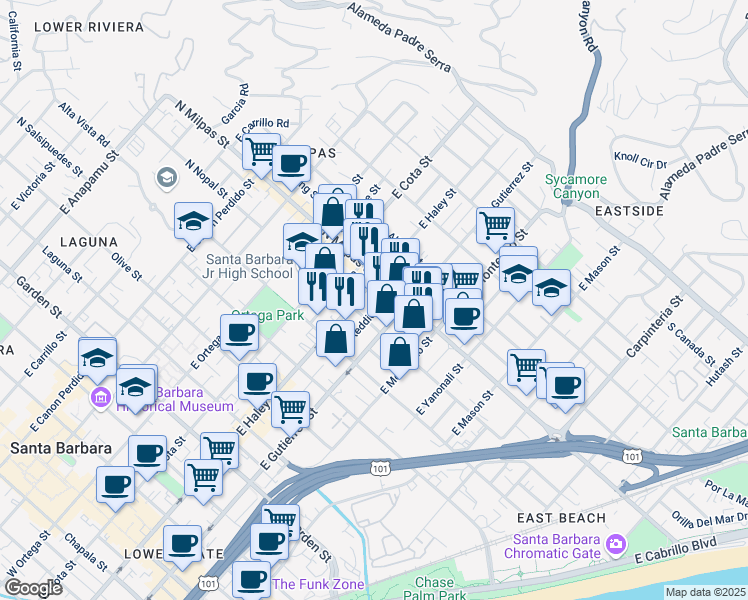 map of restaurants, bars, coffee shops, grocery stores, and more near 813 East Gutierrez Street in Santa Barbara