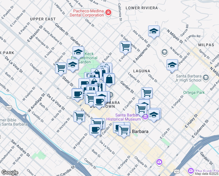 map of restaurants, bars, coffee shops, grocery stores, and more near 123 East Anapamu Street in Santa Barbara