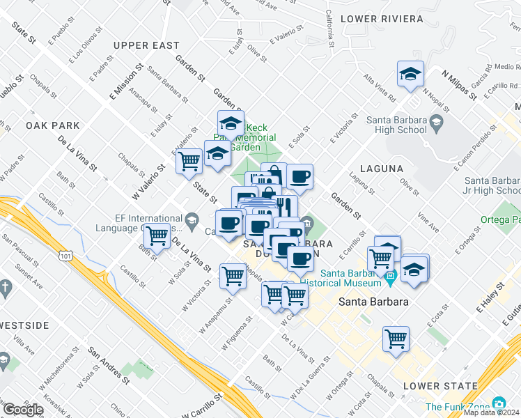 map of restaurants, bars, coffee shops, grocery stores, and more near 1311 Anacapa Street in Santa Barbara