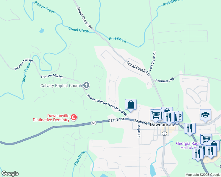 map of restaurants, bars, coffee shops, grocery stores, and more near 142 River Mill Lane in Dawsonville