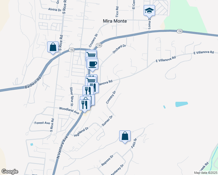 map of restaurants, bars, coffee shops, grocery stores, and more near 1853 Country Place in Ojai