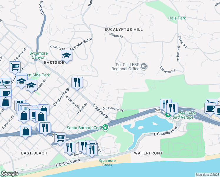 map of restaurants, bars, coffee shops, grocery stores, and more near 66 Ocean View Avenue in Santa Barbara