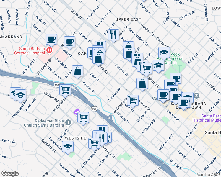 map of restaurants, bars, coffee shops, grocery stores, and more near 1720 Bath Street in Santa Barbara