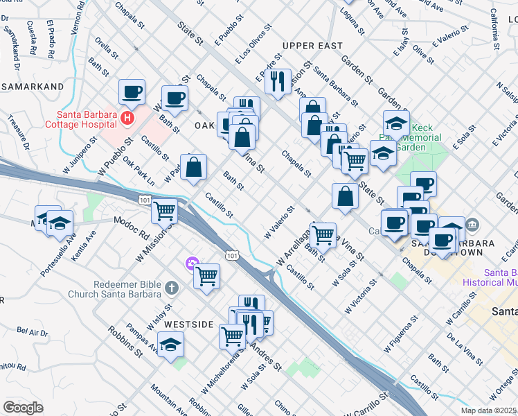 map of restaurants, bars, coffee shops, grocery stores, and more near 1735 Bath Street in Santa Barbara