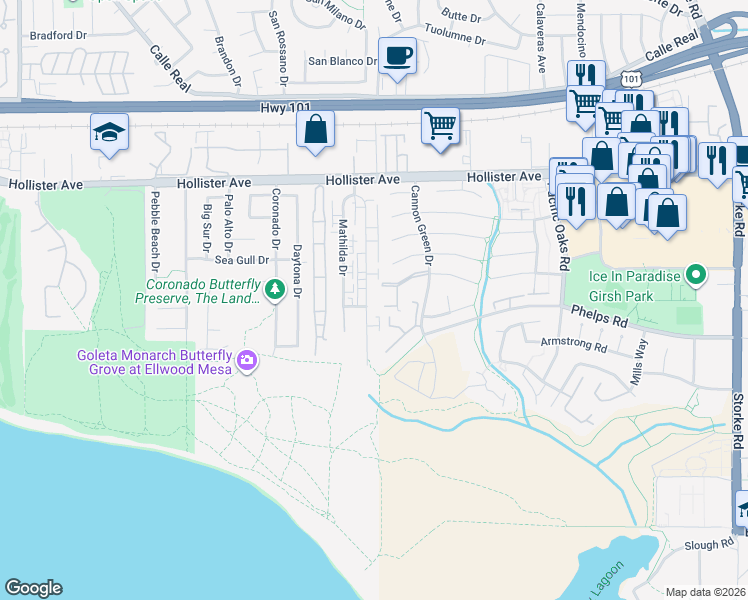 map of restaurants, bars, coffee shops, grocery stores, and more near 380 Ellwood Beach Drive in Goleta