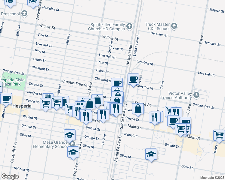 map of restaurants, bars, coffee shops, grocery stores, and more near 9550 1st Avenue in Hesperia