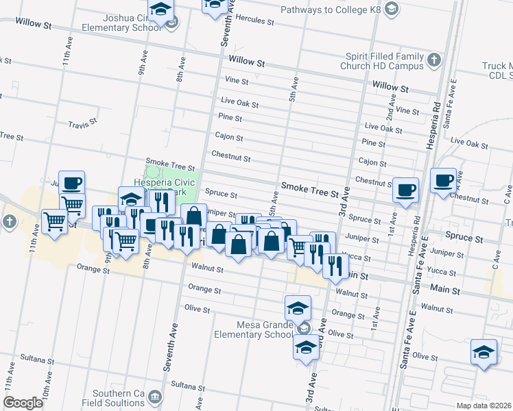 map of restaurants, bars, coffee shops, grocery stores, and more near 16082 Juniper Street in Hesperia
