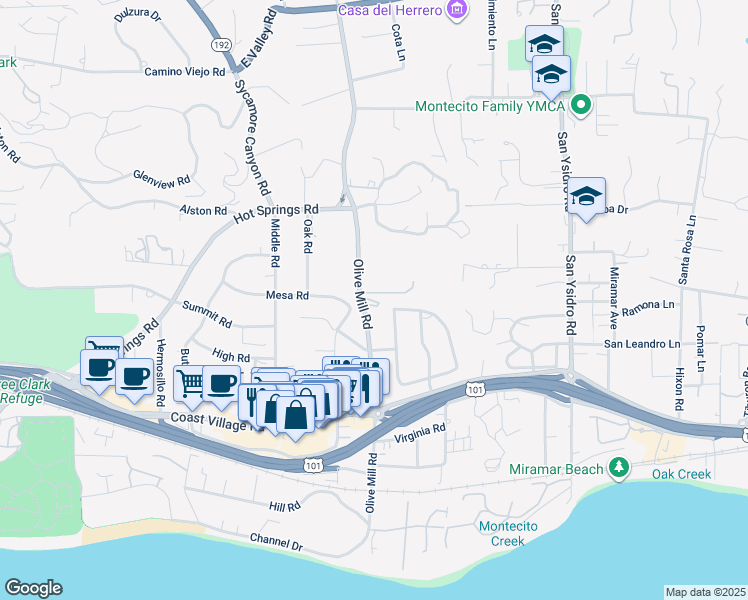 map of restaurants, bars, coffee shops, grocery stores, and more near 180 Olive Mill Road in Montecito