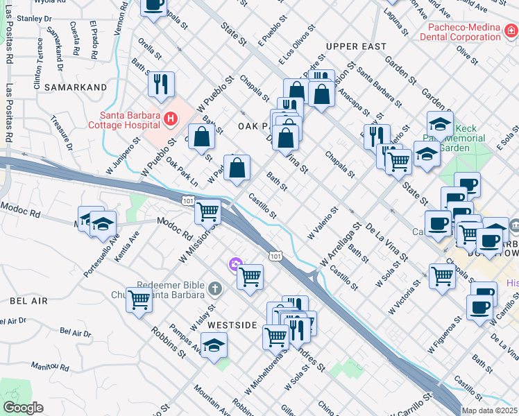 map of restaurants, bars, coffee shops, grocery stores, and more near 407 West Pedregosa Street in Santa Barbara