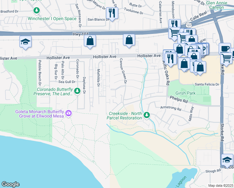 map of restaurants, bars, coffee shops, grocery stores, and more near 375 Cannon Green Drive in Goleta