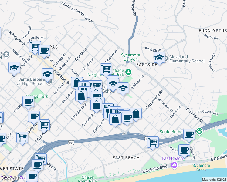 map of restaurants, bars, coffee shops, grocery stores, and more near 1102 East Yanonali Street in Santa Barbara