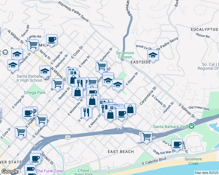 map of restaurants, bars, coffee shops, grocery stores, and more near 1102 East Yanonali Street in Santa Barbara