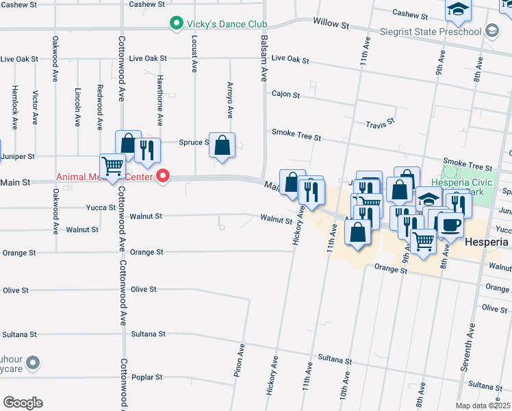 map of restaurants, bars, coffee shops, grocery stores, and more near 15256 Walnut Street in Hesperia