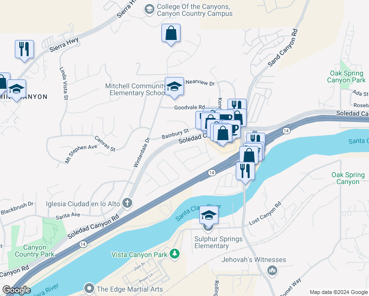 map of restaurants, bars, coffee shops, grocery stores, and more near 16727 Highfalls Street in Santa Clarita