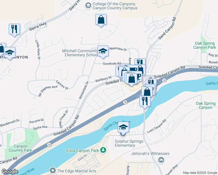 map of restaurants, bars, coffee shops, grocery stores, and more near 28347 Connie Court in Santa Clarita