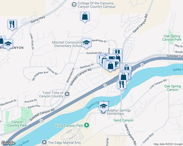 map of restaurants, bars, coffee shops, grocery stores, and more near 16743 Highfalls Street in Santa Clarita