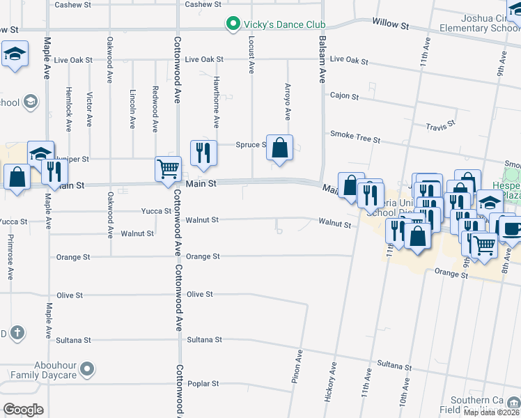 map of restaurants, bars, coffee shops, grocery stores, and more near 15118 Walnut Street in Hesperia