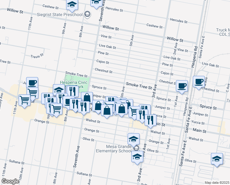 map of restaurants, bars, coffee shops, grocery stores, and more near 16109 Spruce Street in Hesperia