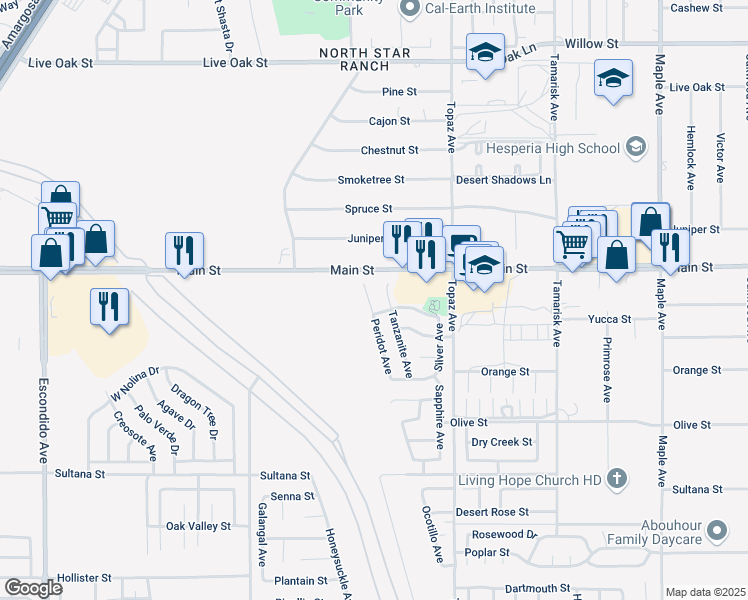 map of restaurants, bars, coffee shops, grocery stores, and more near 9603 Peridot Avenue in Hesperia