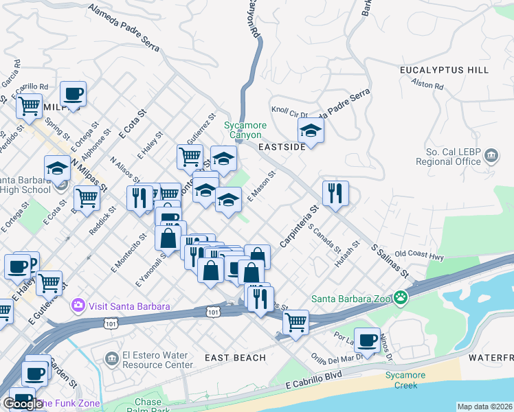 map of restaurants, bars, coffee shops, grocery stores, and more near 7 North Soledad Street in Santa Barbara